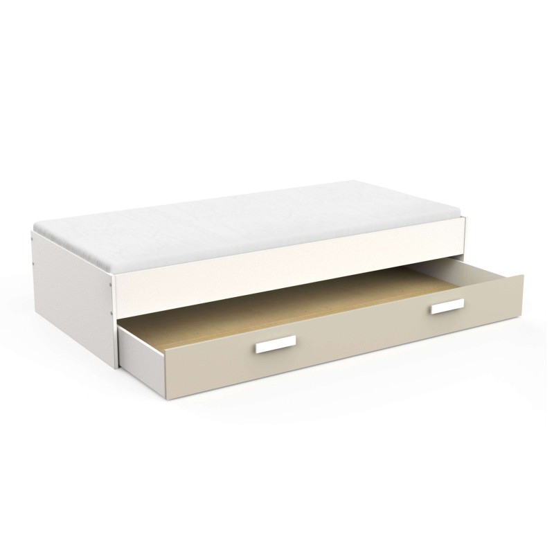 Cama individual con cajón extraíble en blanco y beige con colchón gris claro