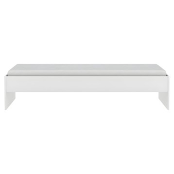 Cama blanca con asiento tapizado gris y estructura minimalista vista frontal