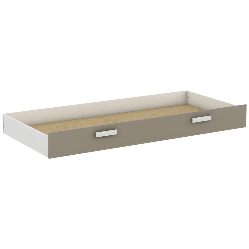 Cajón bajo cama color gris y blanco con asas metálicas y fondo de madera