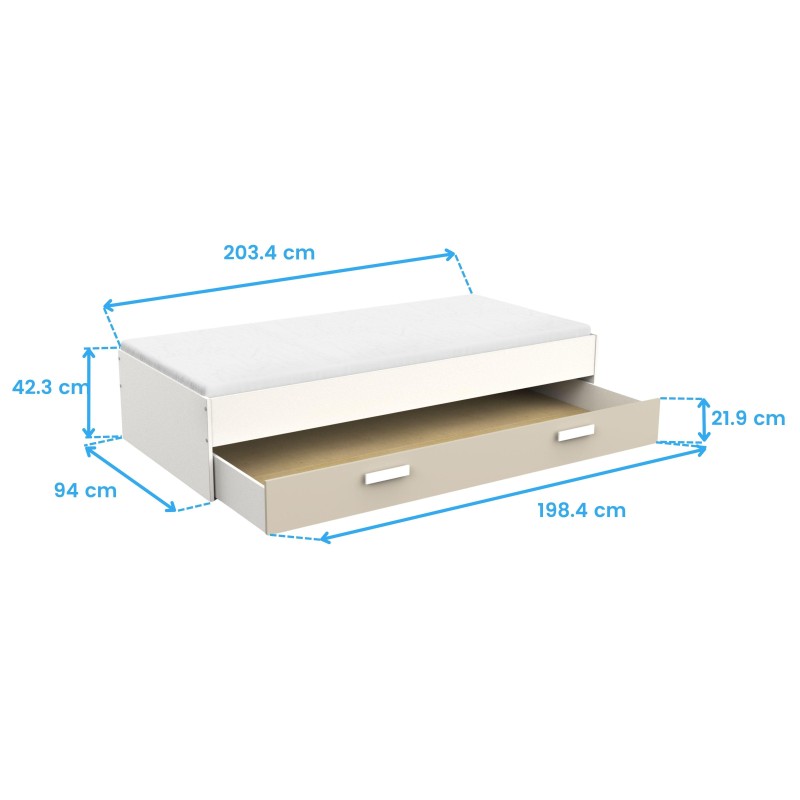 Cama infantil blanca con cajón extraíble en beige y colchón gris claro vista en perspectiva