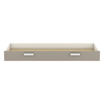 Cajón de cama gris con base de madera y asas metálicas blancas vista frontal