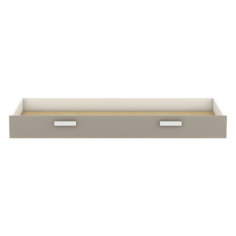 Cajón de cama gris con base de madera y asas metálicas blancas vista frontal