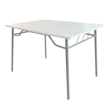 Mesa plegable rectangular con tablero blanco y estructura metálica gris