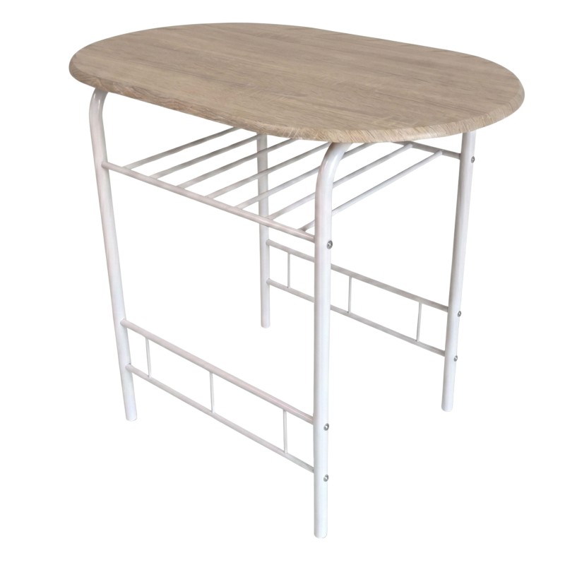 Mesa auxiliar ovalada con tablero en madera clara y estructura metálica blanca con estantes