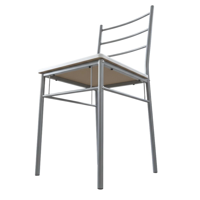Silla con estructura de metal gris y asiento de madera clara con respaldo de barras horizontales