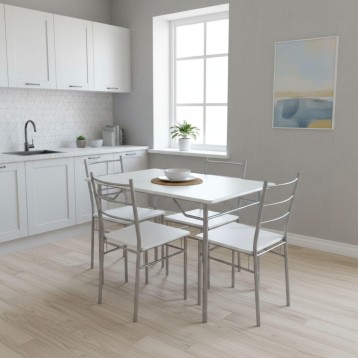 Conjunto de comedor con mesa blanca rectangular y 4 sillas metálicas grises en ambiente de cocina moderna