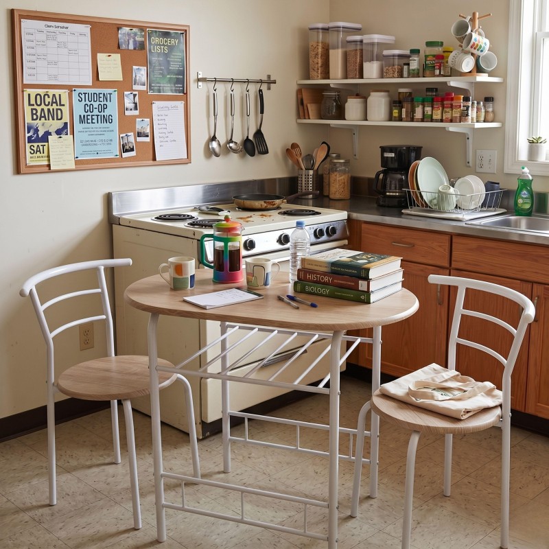Mesa de comedor ovalada madera clara con estructura blanca y dos sillas respaldo curvo en cocina
