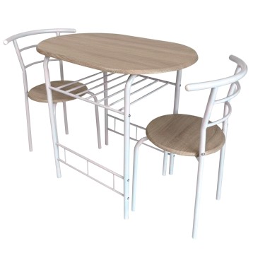 Conjunto de comedor con mesa ovalada de madera clara y estructura metálica blanca y dos sillas con respaldo curvo