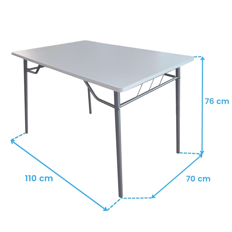 Mesa plegable rectangular con tablero gris claro y estructura metálica gris oscuro