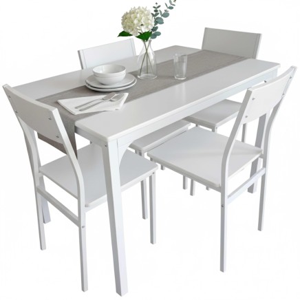 Conjunto comedor mesa blanca con tablero gris y cuatro sillas blancas con asiento tapizado