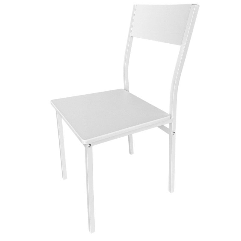 Silla de comedor blanca con respaldo recto y asiento tapizado gris claro