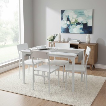 Comedor con mesa extensible blanca y sillas blancas en ambiente luminoso junto a aparador de madera y cuadro azul