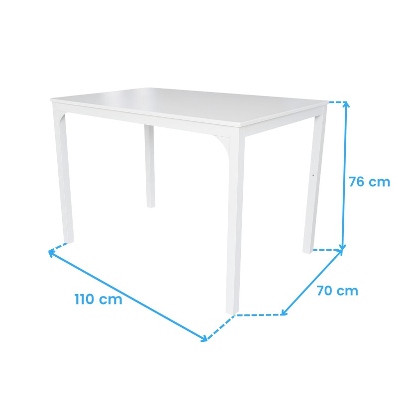 Mesa comedor rectangular blanca con tablero liso y patas rectas vistas en perspectiva con medidas