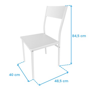 Silla de comedor con estructura metálica blanca y asiento tapizado gris claro vista frontal con dimensiones