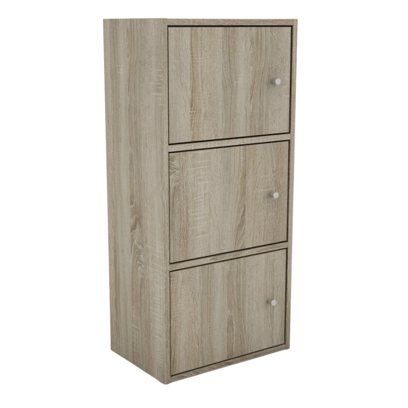 Armario modular de madera clara con tres puertas y tiradores plateados