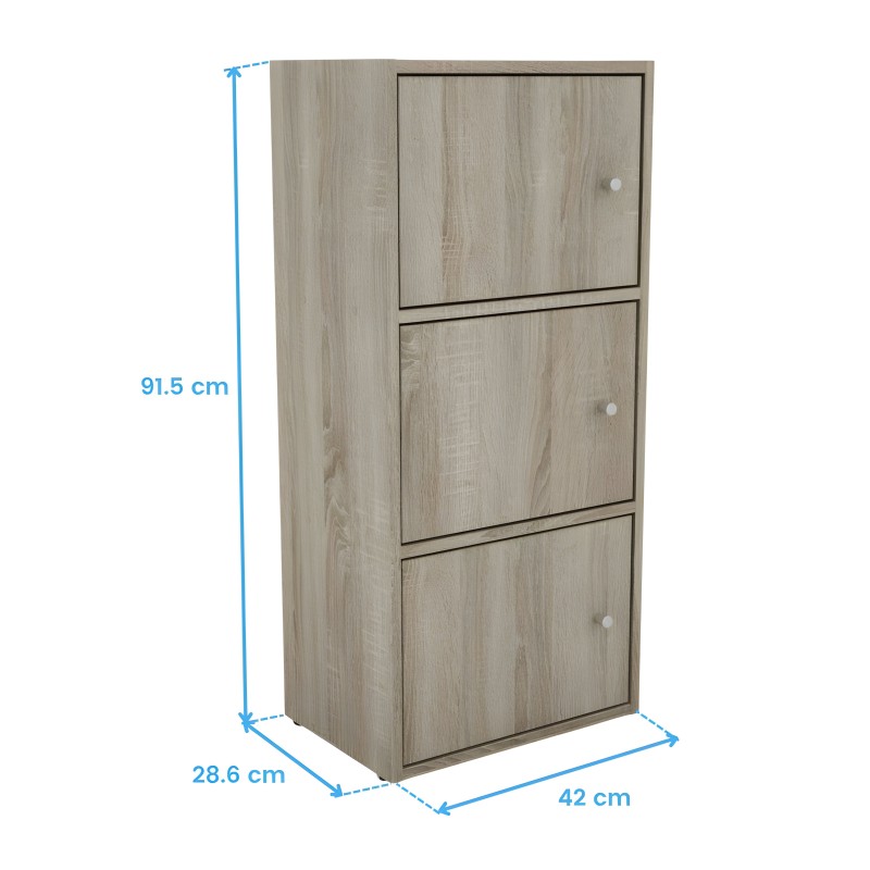 Armario modular de madera clara con tres puertas y tiradores blancos en vista frontal y lateral