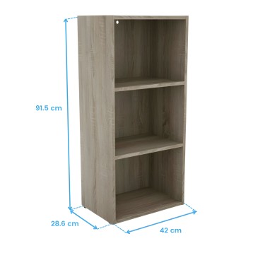 Estantería de madera color gris claro con tres compartimentos abiertos y acabado tipo roble