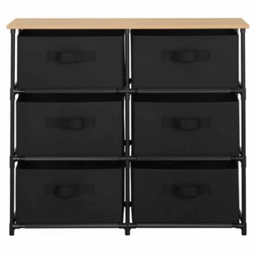 Mueble organizador con seis cajones negros y estructura metálica negra con tablero superior en madera natural