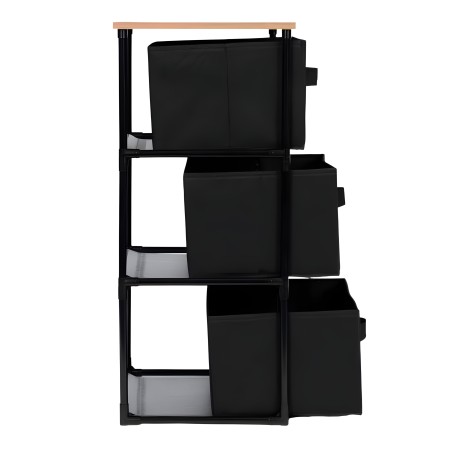 Estantería vertical negra con estructura metálica y tablero superior madera clara con tres cestas de tela negra extraíbles