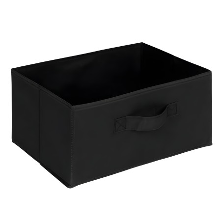 Caja de almacenamiento rectangular negra con asas laterales y interior vacío