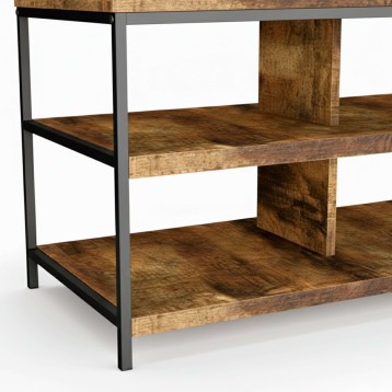 Estantería de madera y metal negro con tres niveles y estructura industrial estilo loft