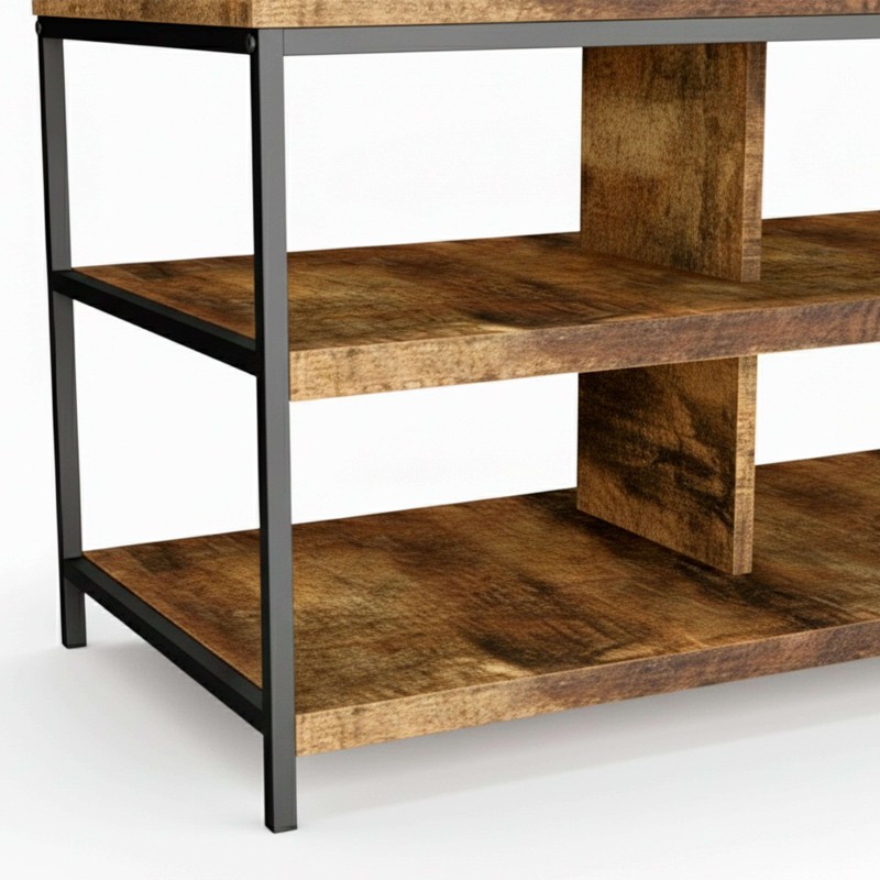 Estantería de madera y metal negro con tres niveles y estructura industrial estilo loft
