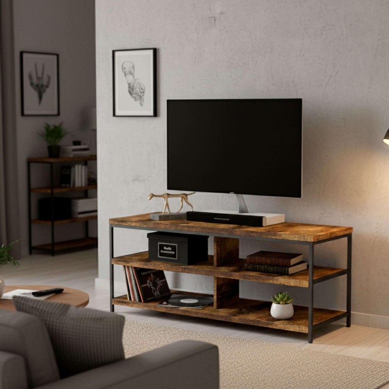 Mueble TV industrial con tableros de madera y estructura metálica negra y tres estantes abiertos en ambiente de sala