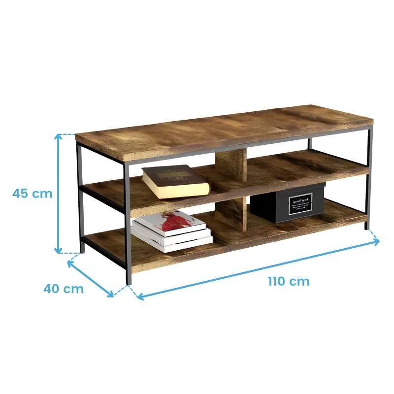 Mueble de TV de madera con estructura metálica y tres estantes para almacenamiento y exposición de objetos