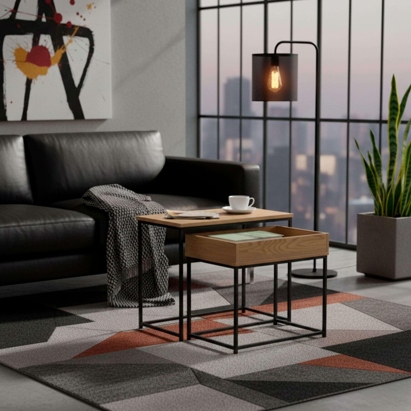 Mesa de centro de madera y metal con cajón abierto y estructura negra en ambiente de sala moderna