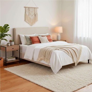 Cama con cabecero tapizado en beige y ropa de cama blanca en ambiente de dormitorio