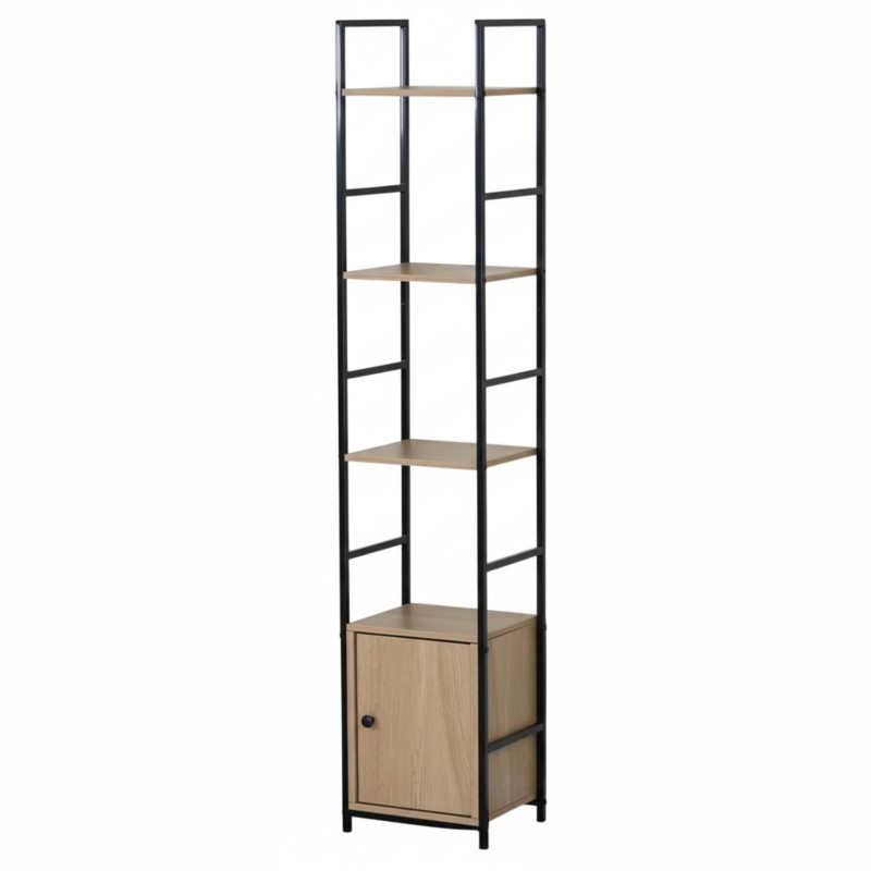 Estantería vertical alta estructura negra y madera con cuatro estantes y armario base cerrado