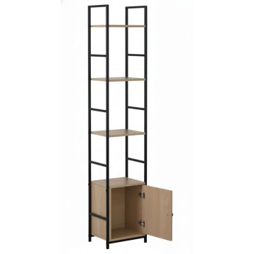 Estantería alta de dos columnas con estructura de acero negro y estantes de madera clara con armario base y puertas