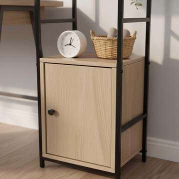 Estantería modular madera clara y estructura negra con puerta y estante superior decorado
