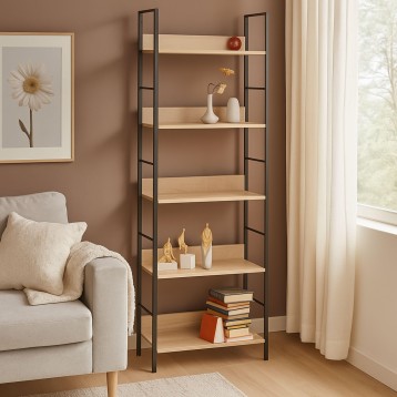 Estantería de pie con estructura metálica negra y estantes de madera clara con múltiples niveles para almacenaje y decoración