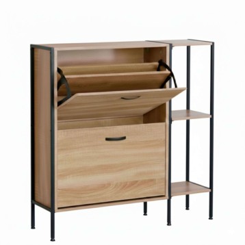 Mueble organizador madera clara y metal negro con compartimentos abiertos y cajón abatible frontal
