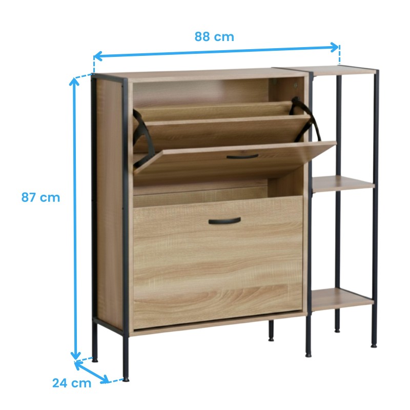 Mueble auxiliar de madera clara y metal negro con puerta abatible y estantes laterales abiertos