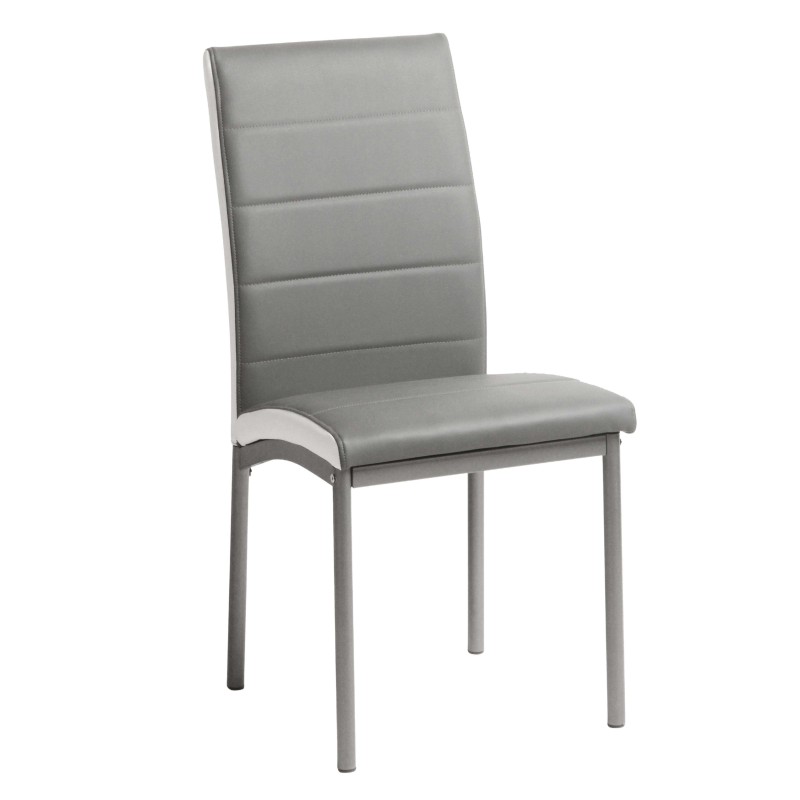 Silla de comedor tapizada en gris con respaldo acolchado y estructura metálica