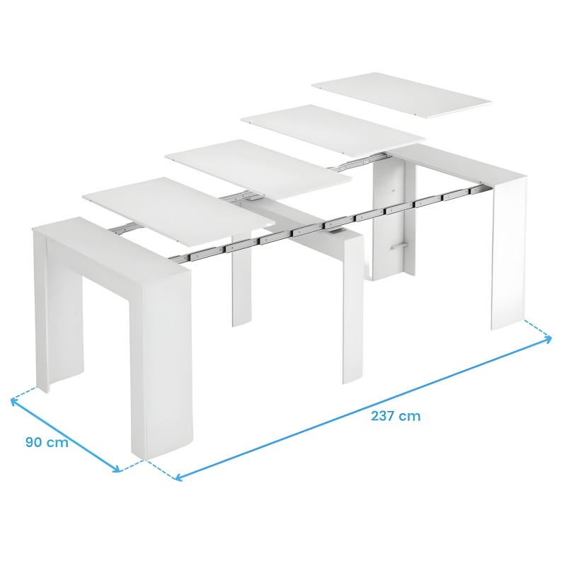 Mesa de comedor extensible blanca con tableros deslizantes y patas de panel