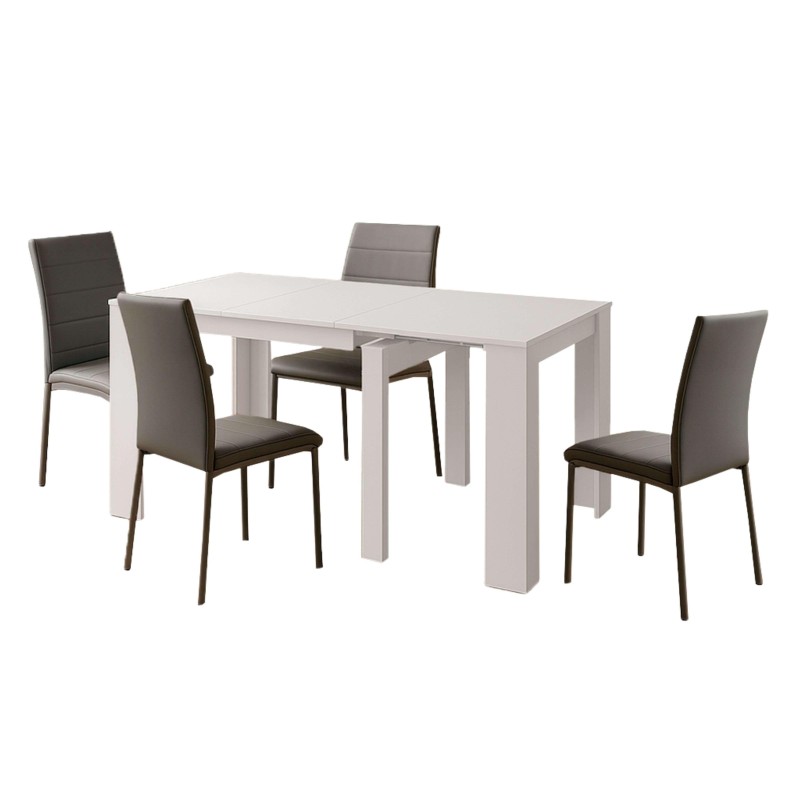 Conjunto de comedor con mesa rectangular blanca y cuatro sillas tapizadas en gris oscuro y metal