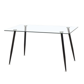 Mesa rectangular de cristal transparente con estructura de cuatro patas negras inclinadas y herrajes plateados