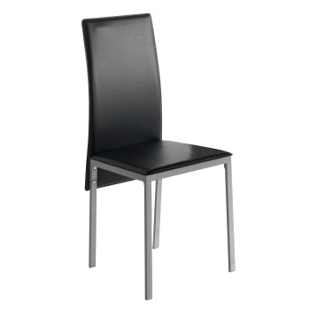 Silla de comedor con respaldo alto en cuero negro y estructura metálica gris
