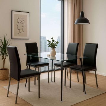 Comedor con mesa de cristal rectangular y cuatro sillas tapizadas en negro con patas metaladas en ambiente moderno