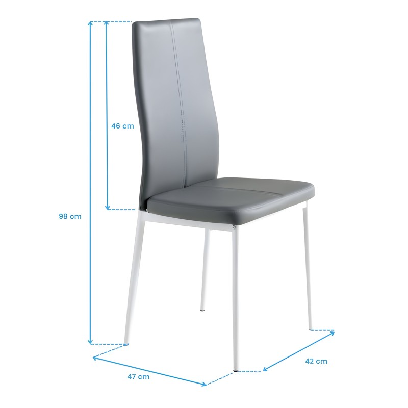 Silla moderna con respaldo acolchado gris y asiento gris sobre estructura metálica blanca