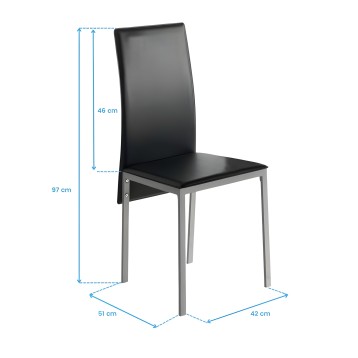 Silla de comedor con respaldo alto curvado en cuero negro y estructura metálica gris