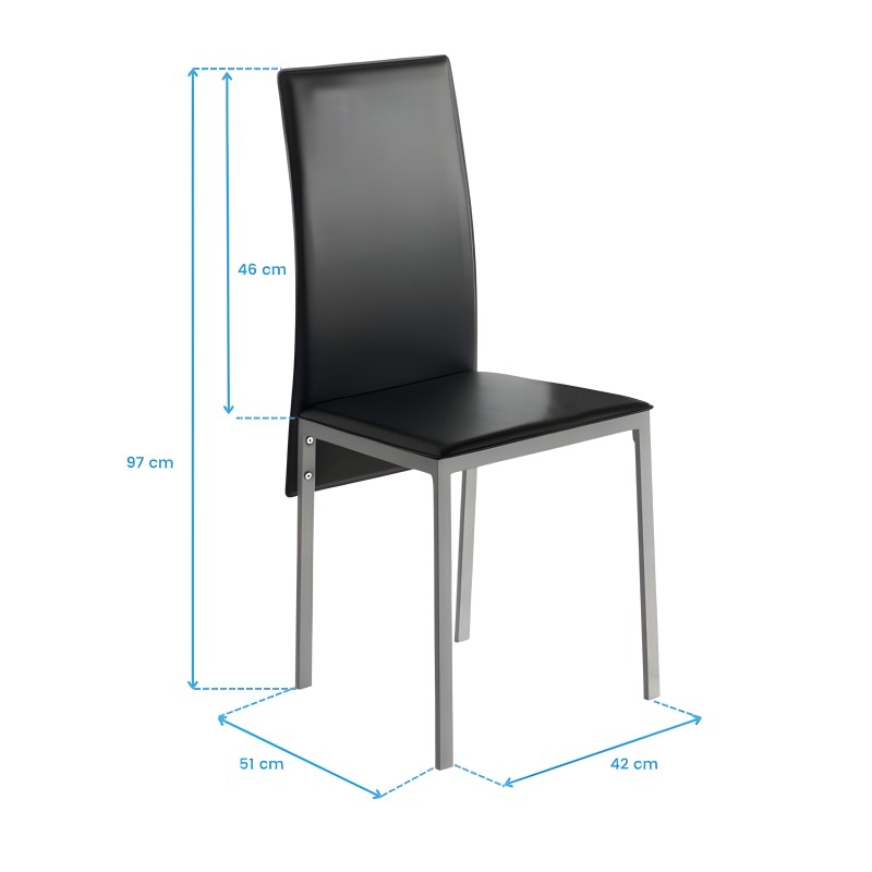Silla de comedor con respaldo alto curvado en cuero negro y estructura metálica gris