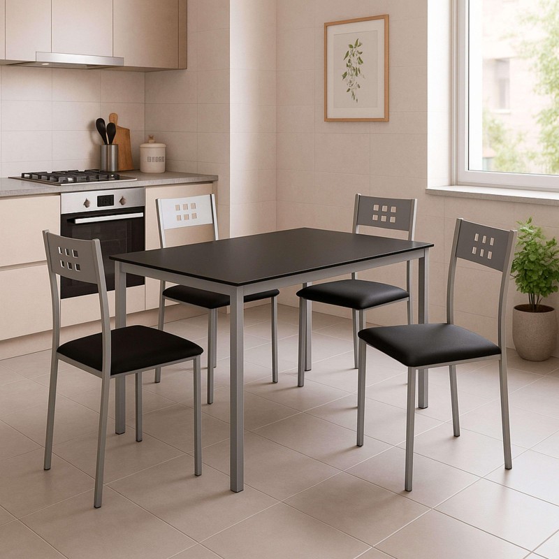 Conjunto de comedor con mesa negra rectangular y cuatro sillas con estructura metálica y asiento tapizado en negro en cocina mod