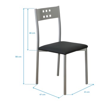 Silla de comedor con estructura metálica gris y respaldo perforado con asiento tapizado en negro