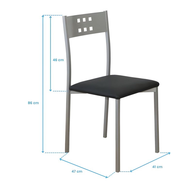 Silla de comedor con estructura metálica gris y respaldo perforado con asiento tapizado en negro