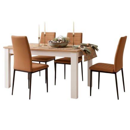 Conjunto de comedor con mesa blanca y madera natural y sillas tapizadas en cuero caramelo con patas negras