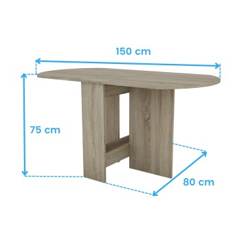 Mesa de comedor ovalada en madera clara con base de panel y estructura geométrica
